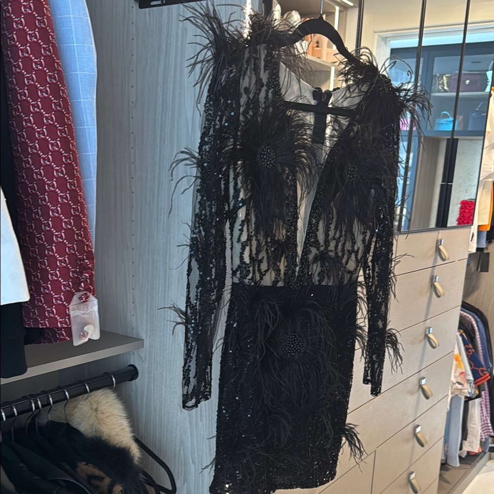 Black Feather Embellished Dress